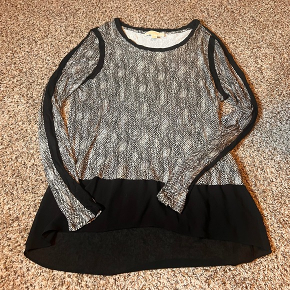Michael Kors Snakeskin Print Top Black Chiffon Hem Long Sleeve Large - Picture 1 of 6